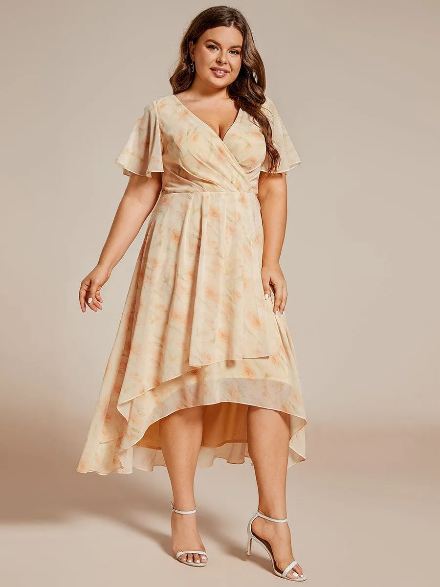 Plus Size Chiffon Short Sleeve High-Low Wedding Guest Dress