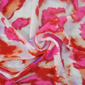 Red-White-Multi Abstract Printed Poly Crinkled Yoryu Chiffon Fabric