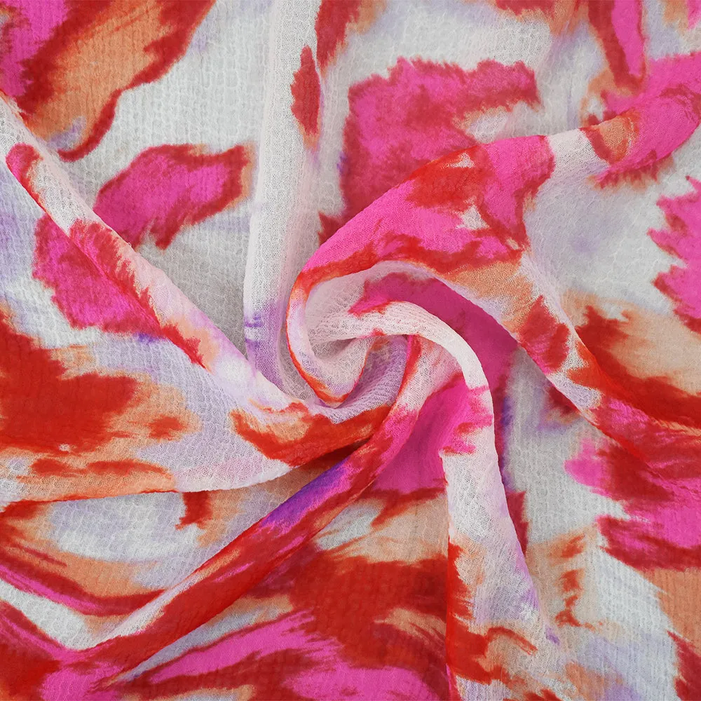 Red-White-Multi Abstract Printed Poly Crinkled Yoryu Chiffon Fabric
