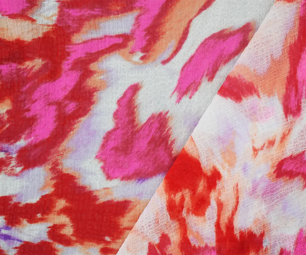 Red-White-Multi Abstract Printed Poly Crinkled Yoryu Chiffon Fabric