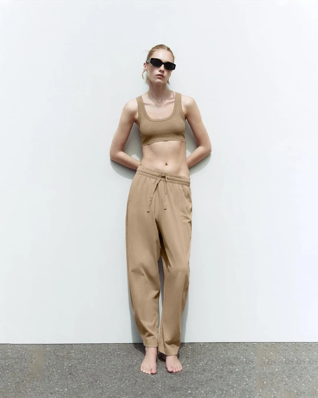 Set Of Two : Corset Style Top & Relaxed Fit Joggers in Light Brown