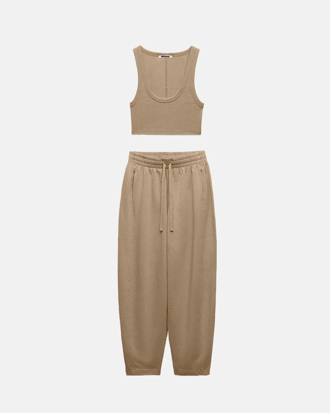 Set Of Two : Corset Style Top & Relaxed Fit Joggers in Light Brown