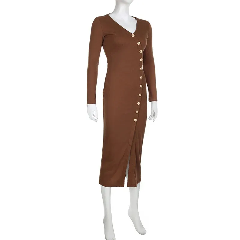 Side Slit Long Sleeve Graceful Buttons Knitwear Midi Dress
