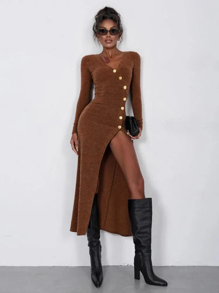 Side Slit Long Sleeve Graceful Buttons Knitwear Midi Dress