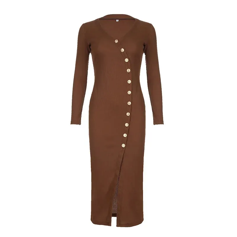 Side Slit Long Sleeve Graceful Buttons Knitwear Midi Dress