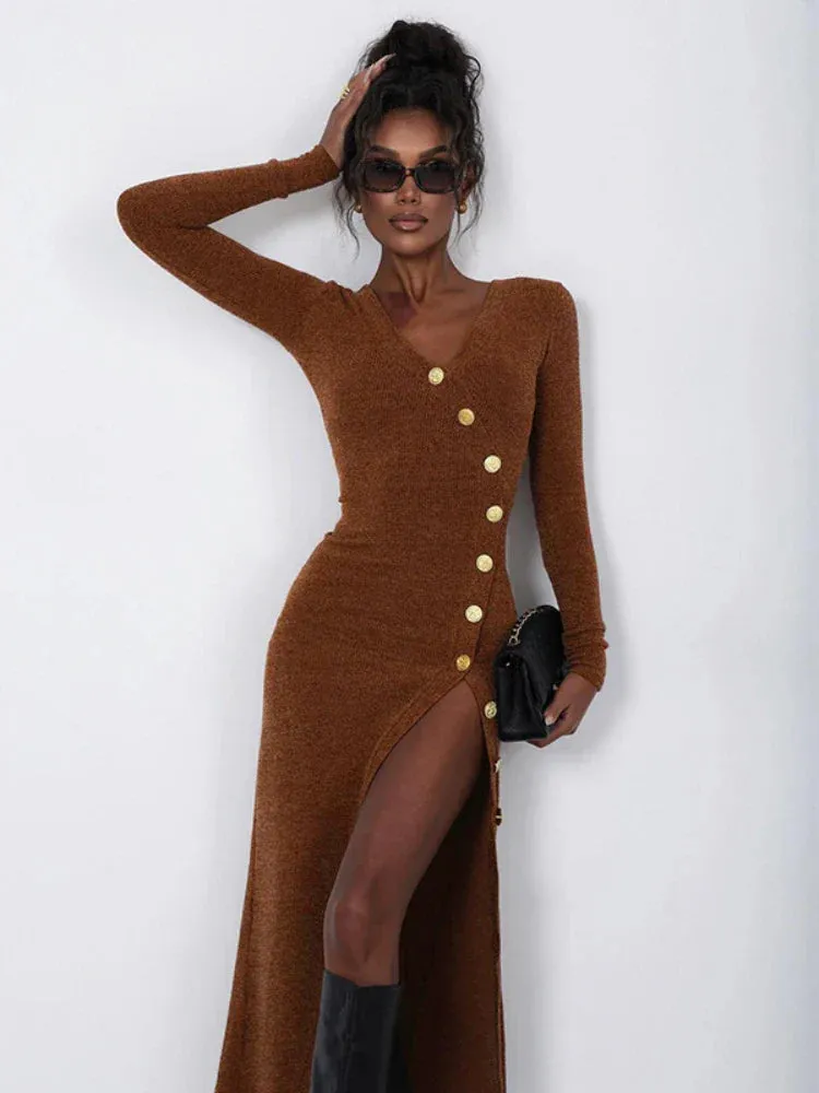 Side Slit Long Sleeve Graceful Buttons Knitwear Midi Dress