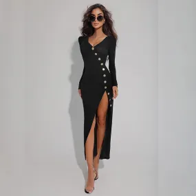 Side Slit Long Sleeve Graceful Buttons Knitwear Midi Dress