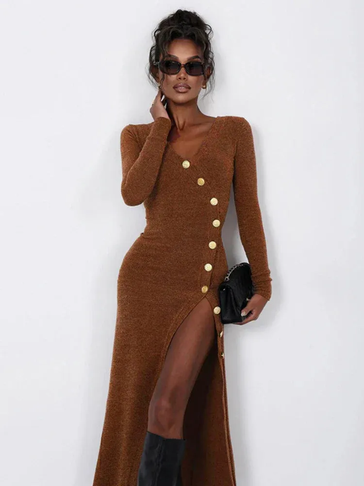 Side Slit Long Sleeve Graceful Buttons Knitwear Midi Dress