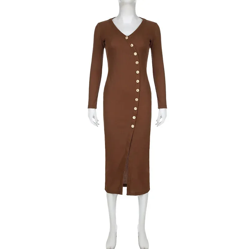 Side Slit Long Sleeve Graceful Buttons Knitwear Midi Dress