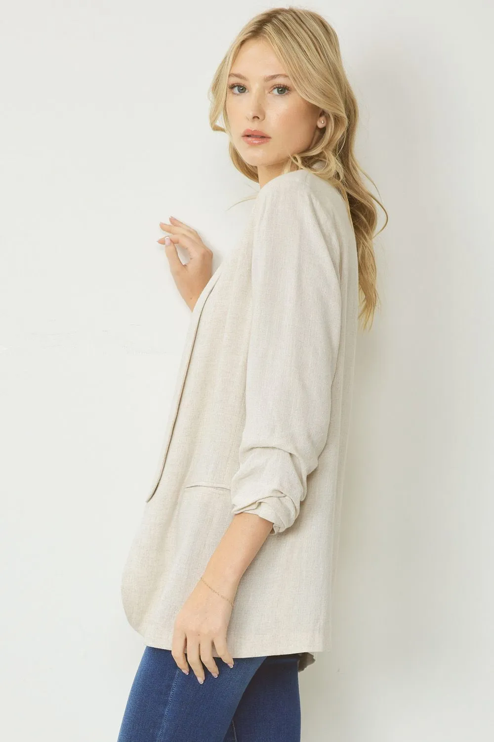 Solid Blazer Jacket with Shirred Detail Sleeve by Entro Clothing