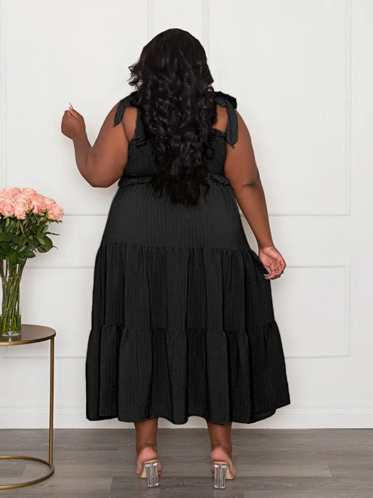 Solid Ruffle Graceful Hem Midi Dress