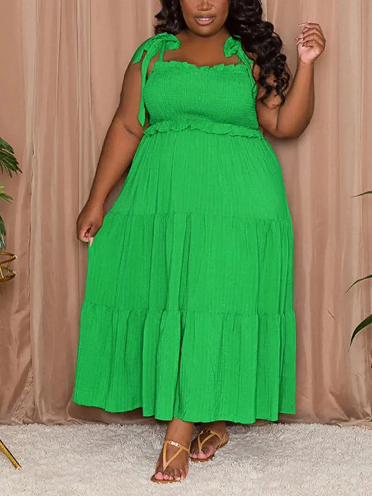 Solid Ruffle Graceful Hem Midi Dress