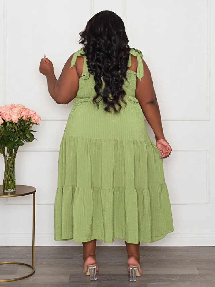 Solid Ruffle Graceful Hem Midi Dress