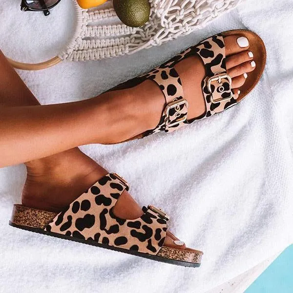 summer wide buckled leopard slippers