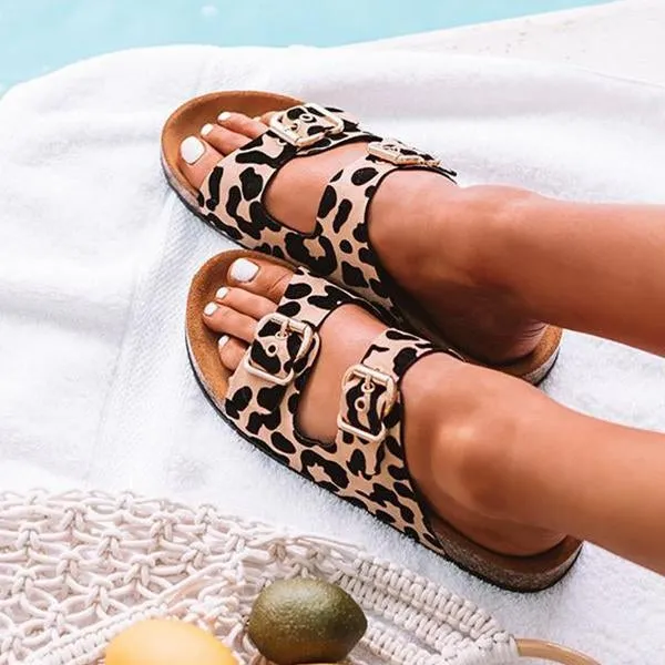 summer wide buckled leopard slippers