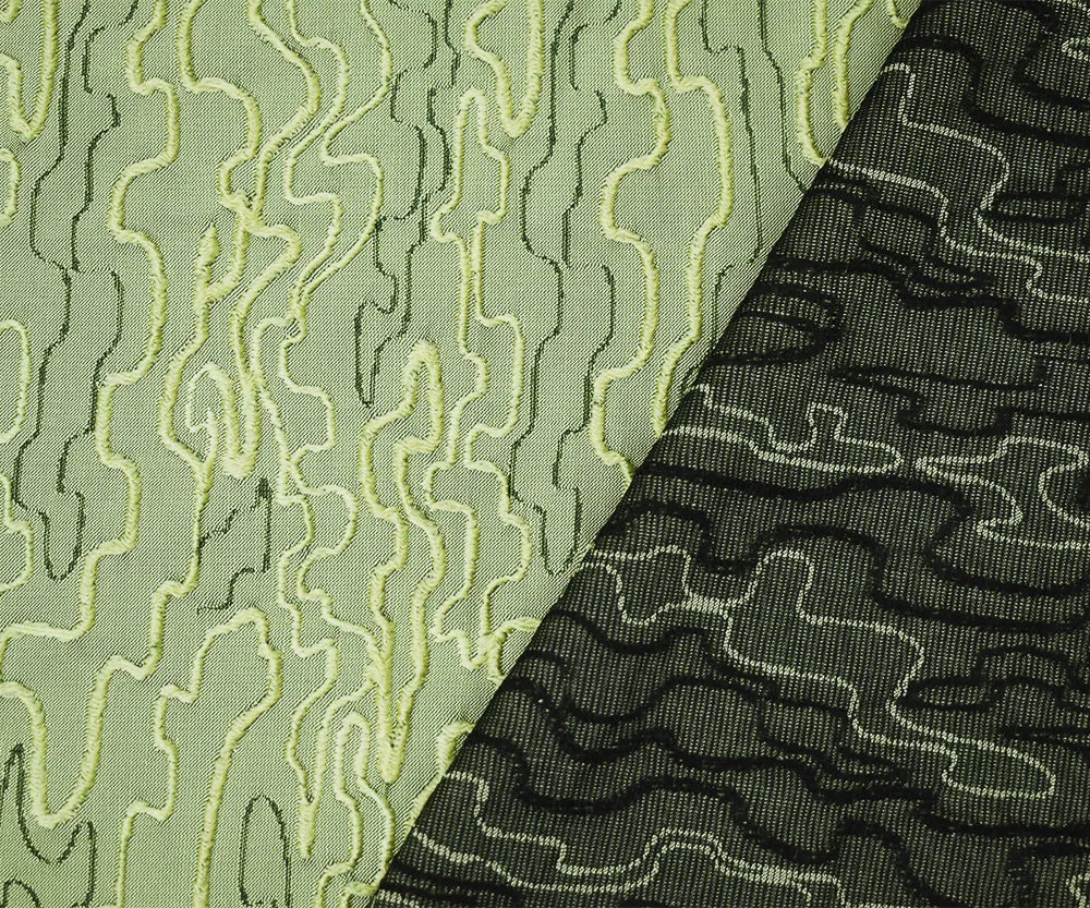 Taupe Green-Black Polyester Abstract Embroidered Jacquard Woven Fabric
