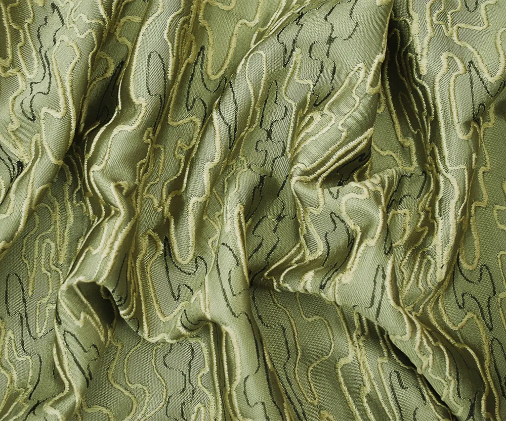 Taupe Green-Black Polyester Abstract Embroidered Jacquard Woven Fabric