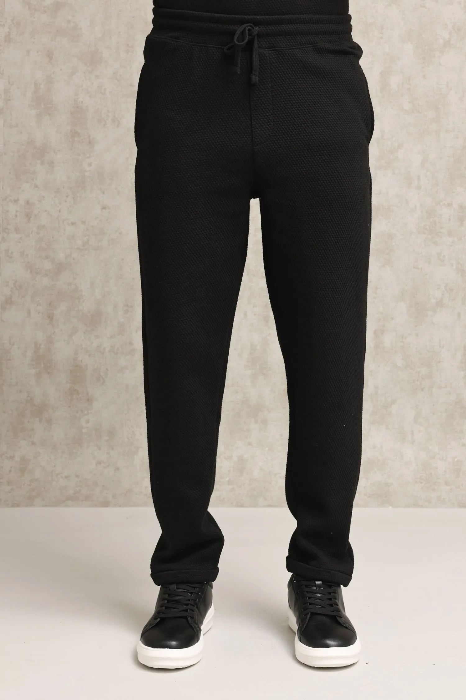 TEXTURED KNIT JOGGERS WITH DRAWSTRING WAIST-BLACK