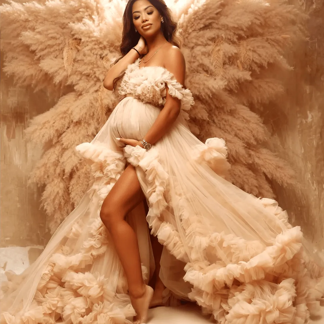 Vintage Beige Off-Shoulder Evening Dress - Sweep Train, Puffy Ruffles, Maternity Photoshoot & Baby Shower Gown
