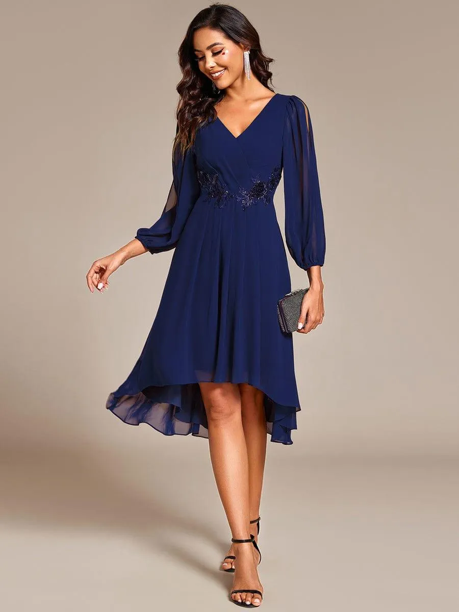 Warm Elise | Long Sleeves Waist Applique A-Line Midi Chiffon Wedding Guest Dress