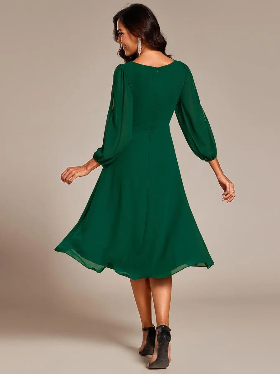 Warm Elise | Long Sleeves Waist Applique A-Line Midi Chiffon Wedding Guest Dress