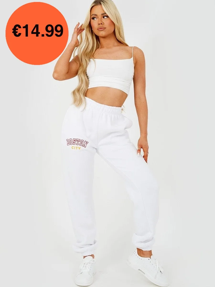 White Boston Embroidered Fleece Jogger