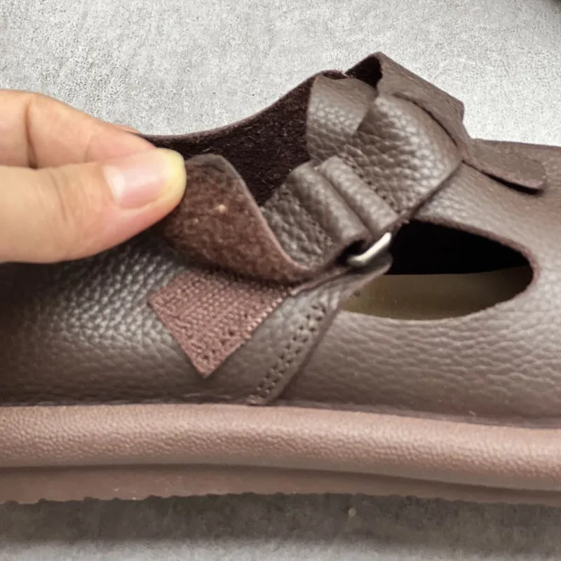 Women's Handmade Leather Flat Velcro Casual T-strap Mary Jane shoes