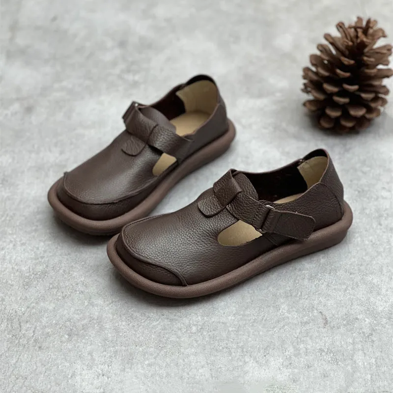 Women's Handmade Leather Flat Velcro Casual T-strap Mary Jane shoes