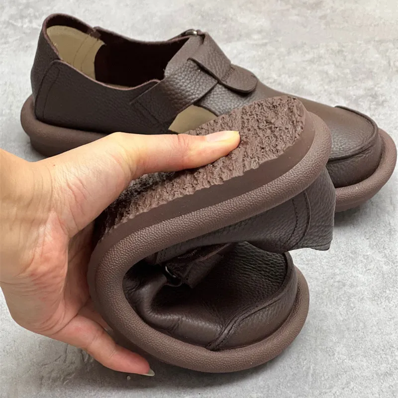 Women's Handmade Leather Flat Velcro Casual T-strap Mary Jane shoes