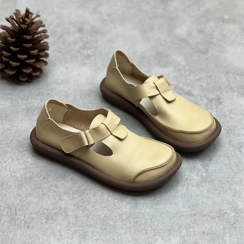 Women's Handmade Leather Flat Velcro Casual T-strap Mary Jane shoes