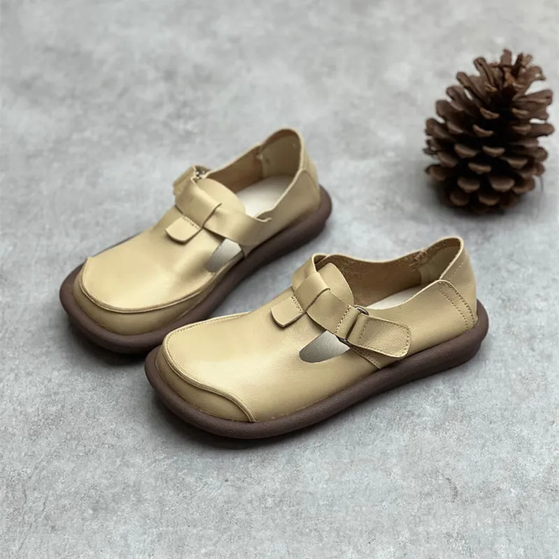 Women's Handmade Leather Flat Velcro Casual T-strap Mary Jane shoes
