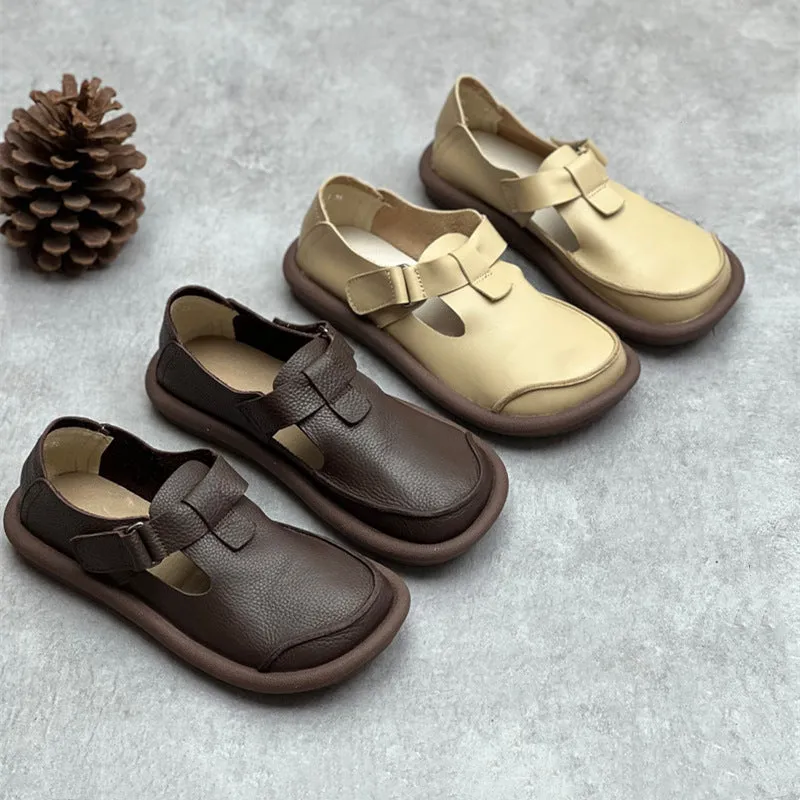 Women's Handmade Leather Flat Velcro Casual T-strap Mary Jane shoes