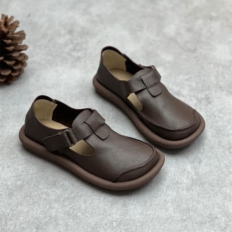 Women's Handmade Leather Flat Velcro Casual T-strap Mary Jane shoes