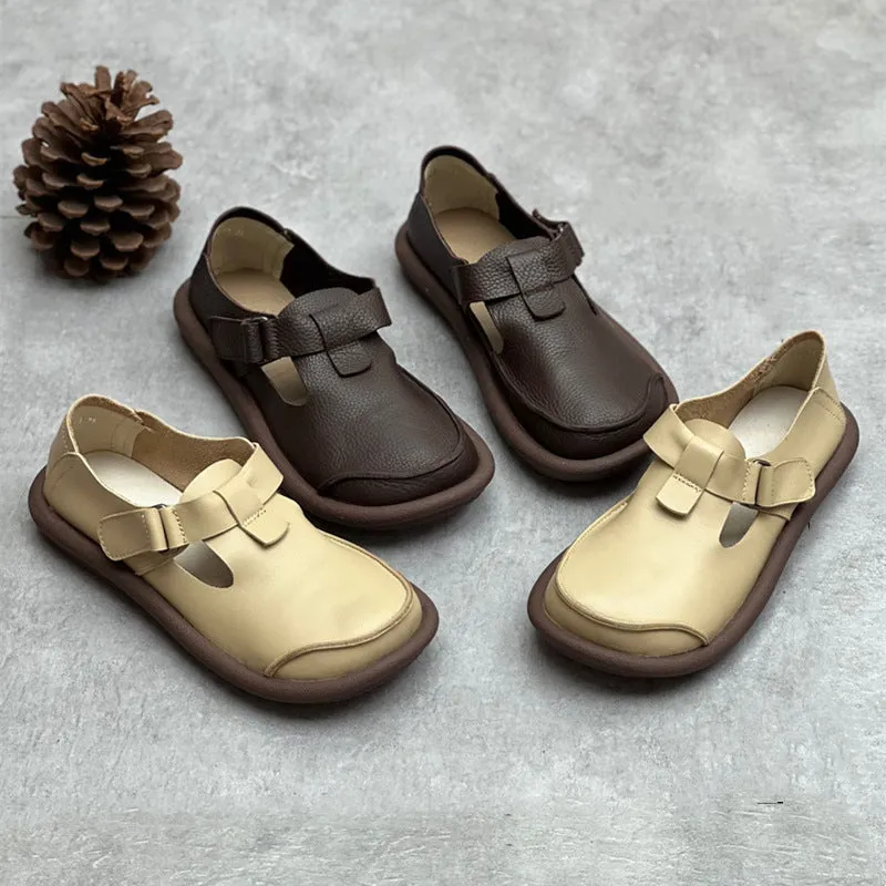 Women's Handmade Leather Flat Velcro Casual T-strap Mary Jane shoes
