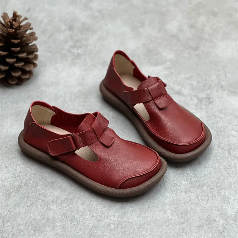 Women's Handmade Leather Flat Velcro Casual T-strap Mary Jane shoes