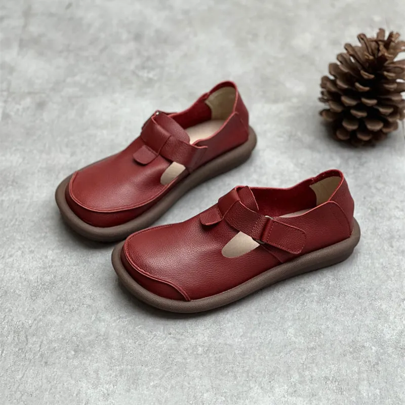 Women's Handmade Leather Flat Velcro Casual T-strap Mary Jane shoes