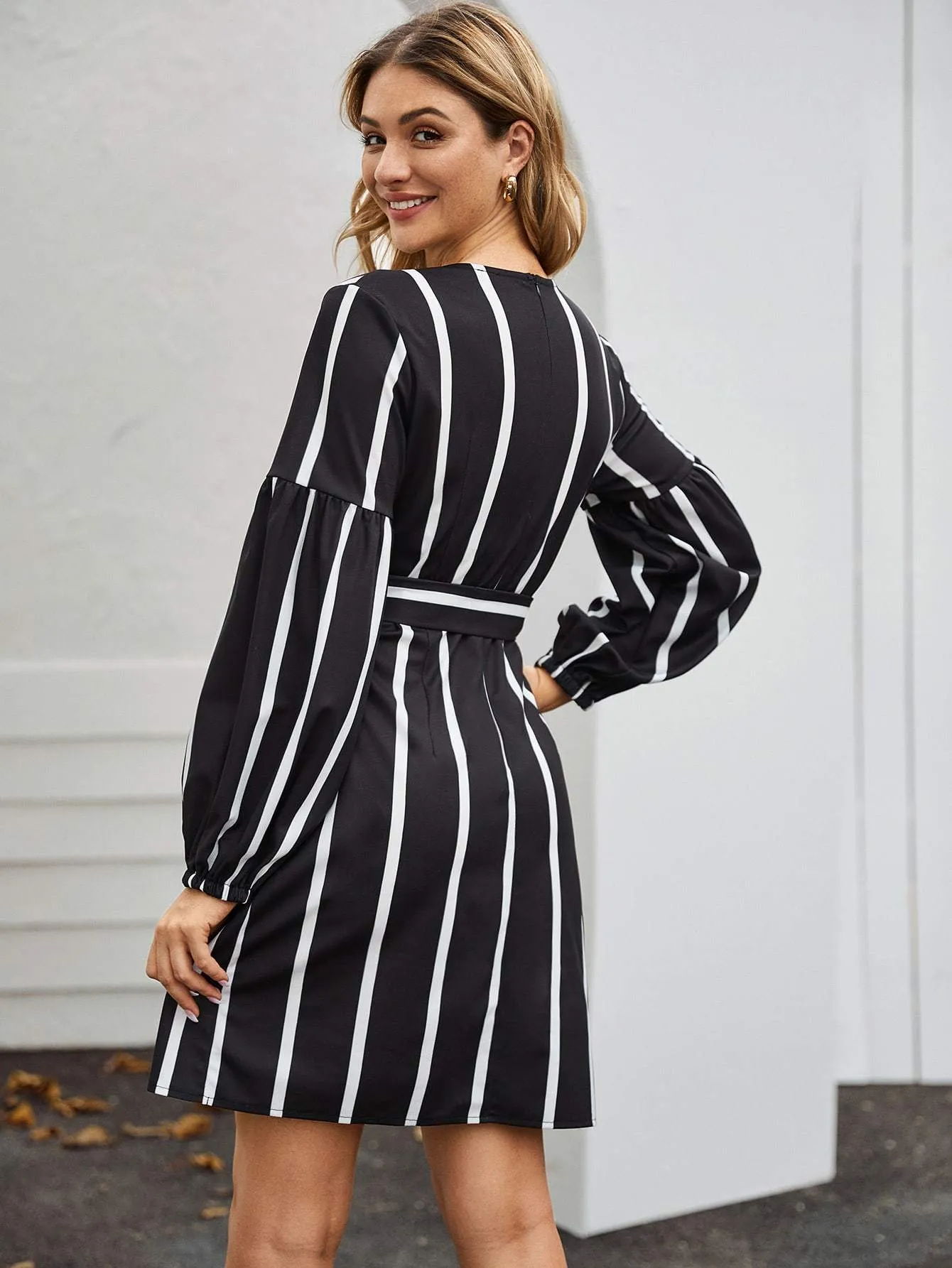 Wrap Front Striped Belted Dress