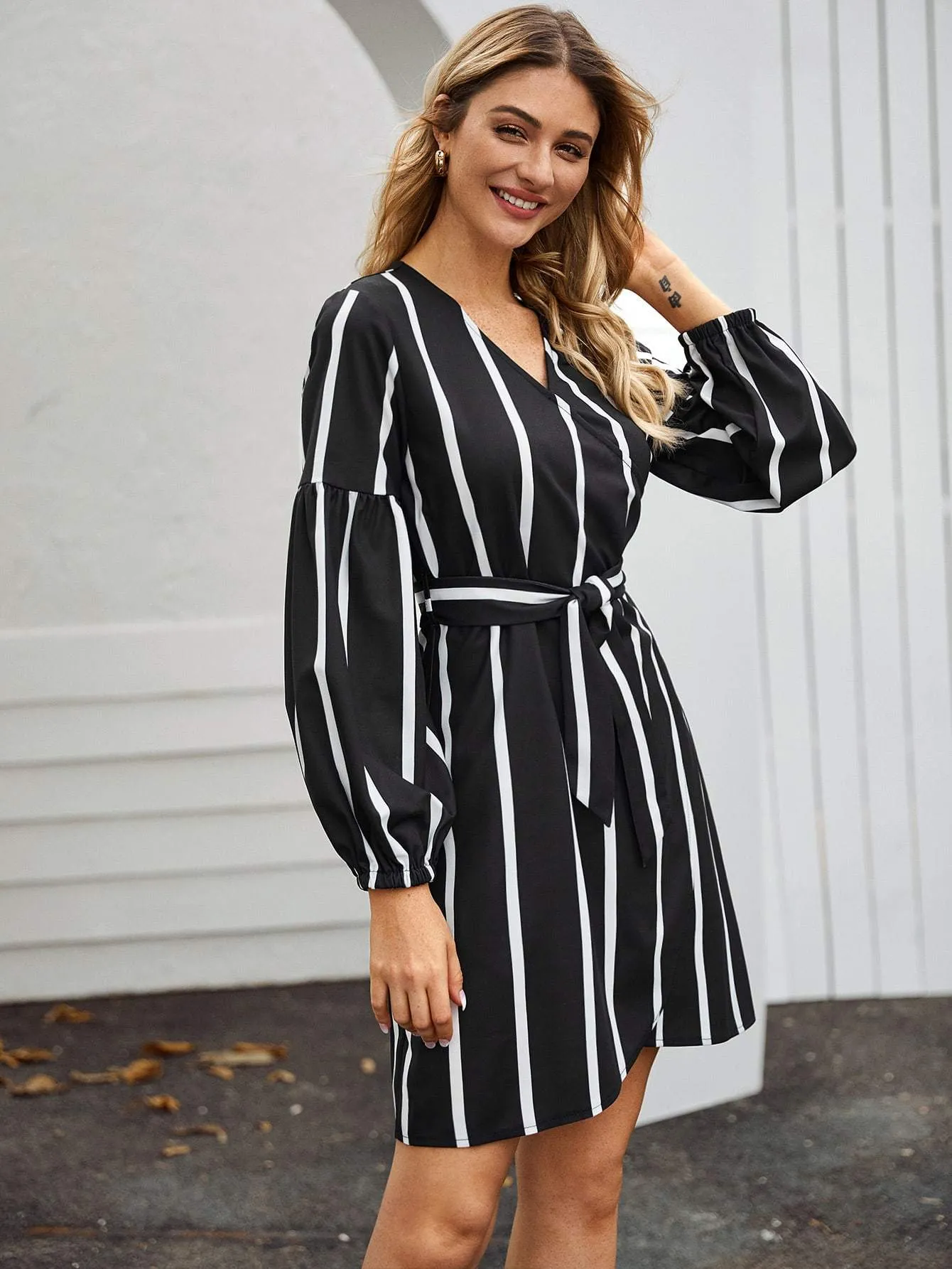 Wrap Front Striped Belted Dress