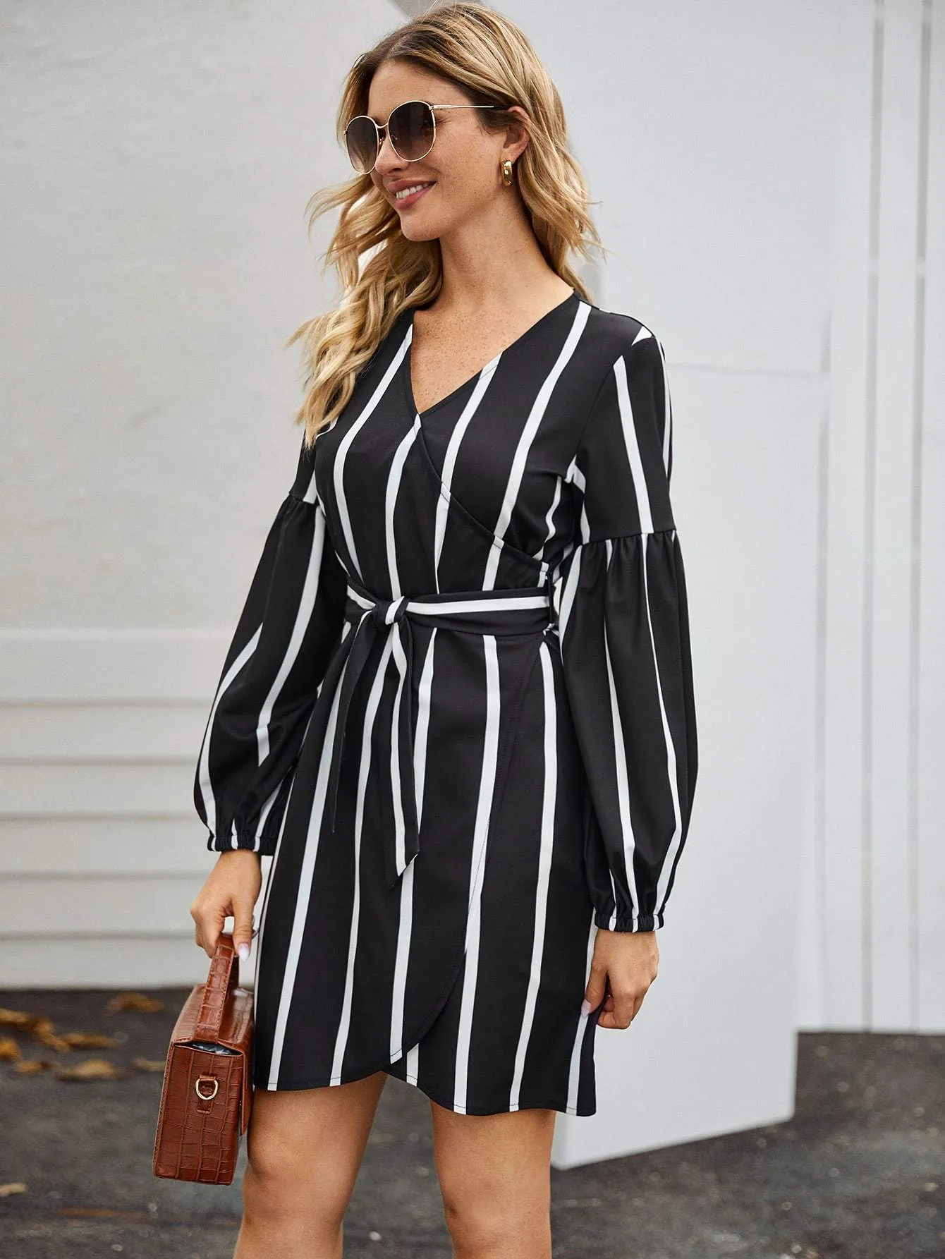 Wrap Front Striped Belted Dress