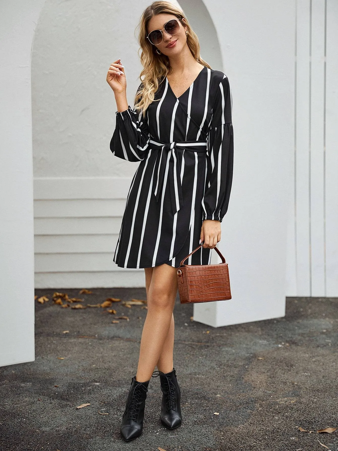 Wrap Front Striped Belted Dress